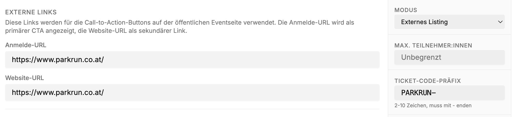 Listing-Only Event mit externem Link